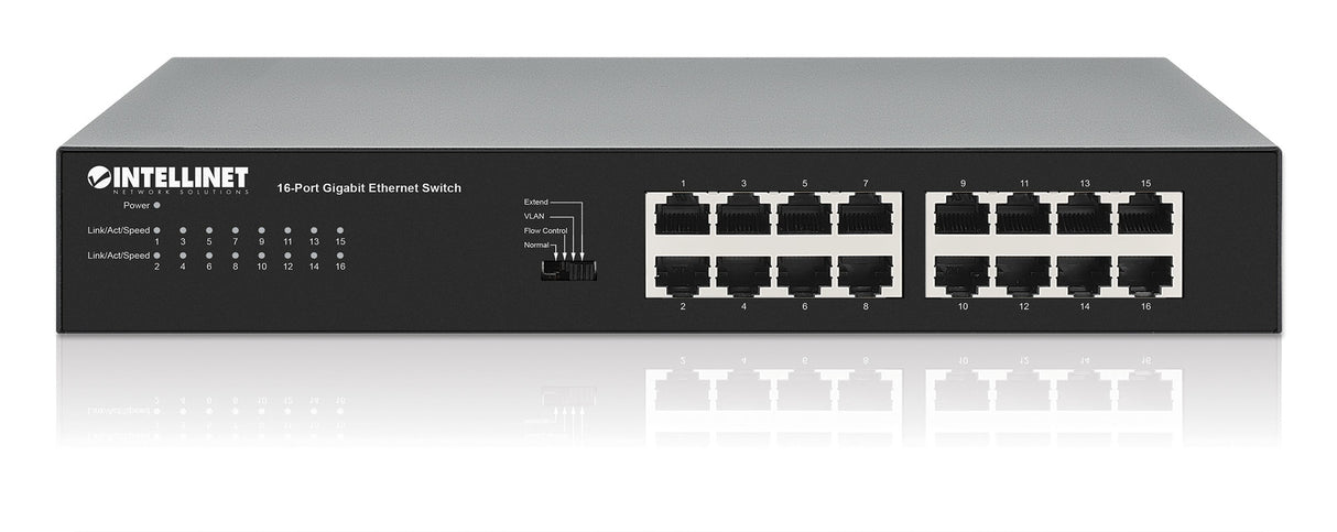 Intellinet 16-Port Gigabit Ethernet Switch 16 x 10/100/1000 Mbps RJ45 Ports, Green Ethernet / IEEE 802.3az Energy Efficient Ethernet, Desktop Format, Includes Optional 19" Rackmount Brackets