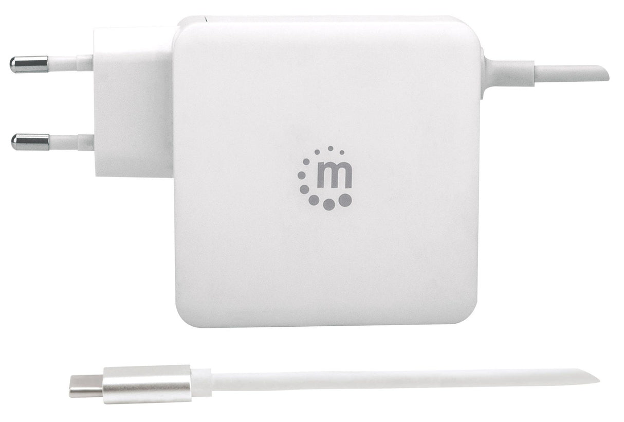 Manhattan Wall/Power Mobile Device Charger (Euro 2-pin), USB-C and USB-A ports, USB-C Output: 60W / 3A, USB-A Output: 2.4A, USB-C 1m Cable Built In, White, Phone Charger, Three Year Warranty, Box
