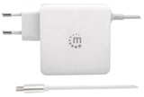 Manhattan Wall/Power Mobile Device Charger (Euro 2-pin), USB-C and USB-A ports, USB-C Output: 60W / 3A, USB-A Output: 2.4A, USB-C 1m Cable Built In, White, Phone Charger, Three Year Warranty, Box