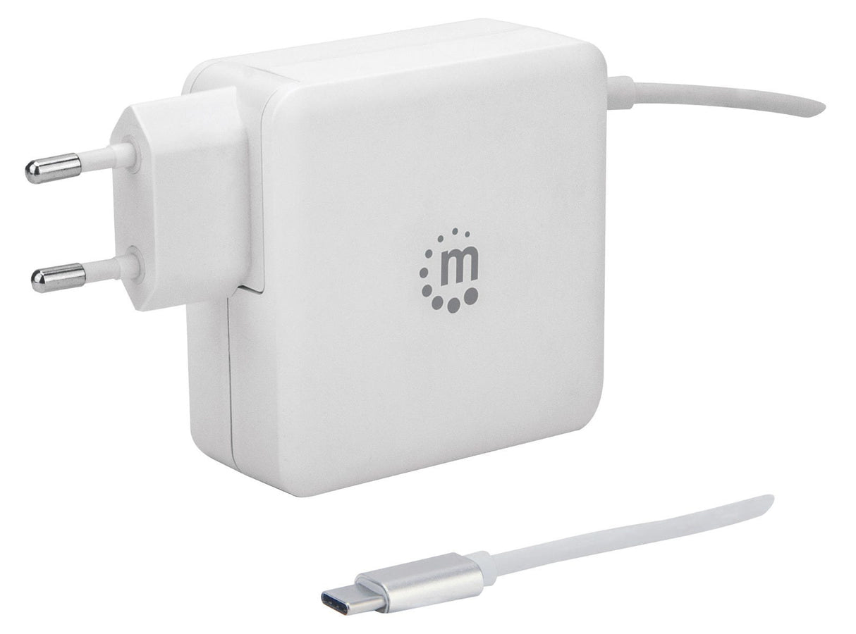 Manhattan Wall/Power Mobile Device Charger (Euro 2-pin), USB-C and USB-A ports, USB-C Output: 60W / 3A, USB-A Output: 2.4A, USB-C 1m Cable Built In, White, Phone Charger, Three Year Warranty, Box