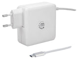 Manhattan Wall/Power Mobile Device Charger (Euro 2-pin), USB-C and USB-A ports, USB-C Output: 60W / 3A, USB-A Output: 2.4A, USB-C 1m Cable Built In, White, Phone Charger, Three Year Warranty, Box
