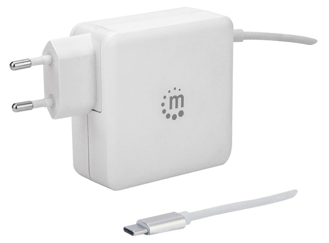 Manhattan Wall/Power Mobile Device Charger (Euro 2-pin), USB-C and USB-A ports, USB-C Output: 60W / 3A, USB-A Output: 2.4A, USB-C 1m Cable Built In, White, Phone Charger, Three Year Warranty, Box
