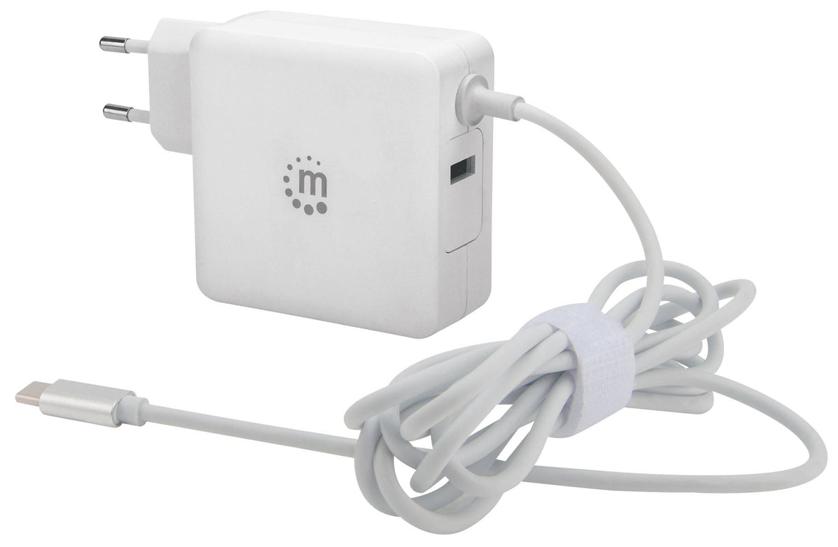 Manhattan Wall/Power Mobile Device Charger (Euro 2-pin), USB-C and USB-A ports, USB-C Output: 60W / 3A, USB-A Output: 2.4A, USB-C 1m Cable Built In, White, Phone Charger, Three Year Warranty, Box