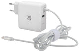 Manhattan Wall/Power Mobile Device Charger (Euro 2-pin), USB-C and USB-A ports, USB-C Output: 60W / 3A, USB-A Output: 2.4A, USB-C 1m Cable Built In, White, Phone Charger, Three Year Warranty, Box