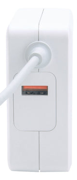 Manhattan Wall/Power Mobile Device Charger (Euro 2-pin), USB-C and USB-A ports, USB-C Output: 60W / 3A, USB-A Output: 2.4A, USB-C 1m Cable Built In, White, Phone Charger, Three Year Warranty, Box