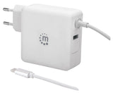 Manhattan Wall/Power Mobile Device Charger (Euro 2-pin), USB-C and USB-A ports, USB-C Output: 60W / 3A, USB-A Output: 2.4A, USB-C 1m Cable Built In, White, Phone Charger, Three Year Warranty, Box