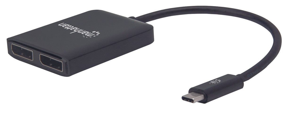 Manhattan USB-C to Dual DisplayPort 1.2 Adapter Cable, 4K@30Hz, 19.5cm, Male to Females, USB-C to 2x DisplayPorts, MST Hub, Mirror, Black, Three Year Warranty, Blister
