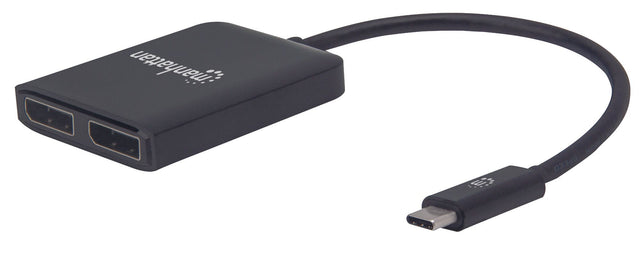 Manhattan USB-C to Dual DisplayPort 1.2 Adapter Cable, 4K@30Hz, 19.5cm, Male to Females, USB-C to 2x DisplayPorts, MST Hub, Mirror, Black, Three Year Warranty, Blister