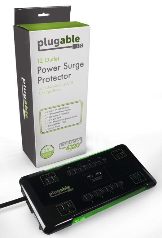 Plugable Technologies PS12-USB25 surge protector Black 12 AC outlet(s) 120 V 7.62 m