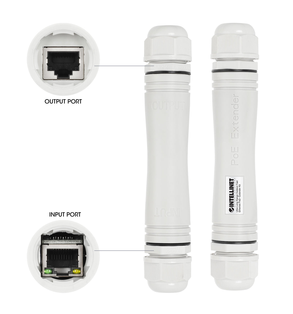 Intellinet Ultra Long Range Outdoor Fast Ethernet PoE+ Extender Kit Extends PoE up to 1000 m (3280 ft.), One PD Port up to 95 W, IEEE 802.3bt (4PPoE) Compatible, IP67 Waterproof and Dustproof, Set of Two Modules, Plastic, Gray