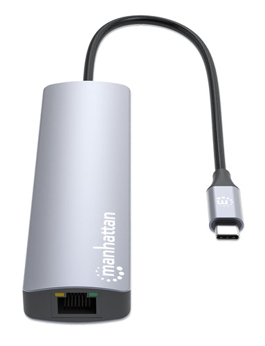 Manhattan USB-C Dock/Hub, Ports (x6): Ethernet, HDMI, USB-A (x3) and USB-C, with Power Delivery (PD) 100W- requires external USB-C charger (not included). USB powered (no external power supply required) when PD is not in use