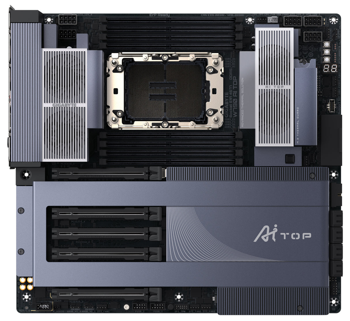 GIGABYTE W790 AI TOP Motherboard - Supports Intel Xeon CPUs, 16+2+2 phases VRM, up to 5600MHz DDR5 (OC), 4xPCIe 5.0 + 2xPCIe 4.0 M.2, Wi-Fi 7, 10 GbE LAN, Thunderbolt 4