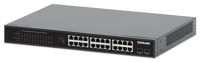 Intellinet 24-Port Gigabit Ethernet PoE+ Switch with 2 SFP Ports IEEE 802.3at/af (PoE+/PoE) Compliant, PoE Power Budget of 370 W, Two 1G SFP Open Slots, 19" Rackmount