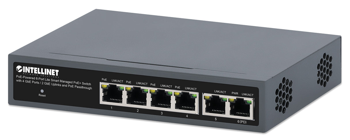 Intellinet PoE-Powered 6-Port Lite Smart Managed PoE+ Switch with 4 GbE Ports / 2 GbE Uplinks and PoE Passthrough