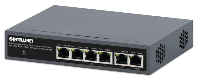 Intellinet PoE-Powered 6-Port Lite Smart Managed PoE+ Switch with 4 GbE Ports / 2 GbE Uplinks and PoE Passthrough
