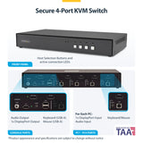 StarTech.com Secure 4-Port KVM Switch, DisplayPort, 4K 60Hz, NIAP 4.0 Desktop KVM, Metal Housing, Made in the USA