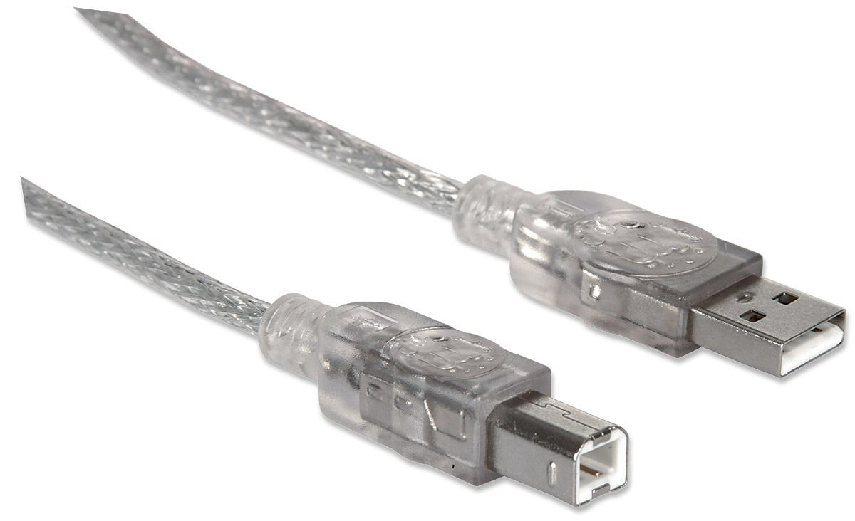 Manhattan USB-A to USB-B Cable, 3m, Male to Male, Translucent Silver, 480 Mbps (USB 2.0), Hi-Speed USB, Lifetime Warranty, Equivalent to USB2AA2M (except colour).