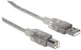 Manhattan USB-A to USB-B Cable, 3m, Male to Male, Translucent Silver, 480 Mbps (USB 2.0), Hi-Speed USB, Lifetime Warranty, Equivalent to USB2AA2M (except colour).