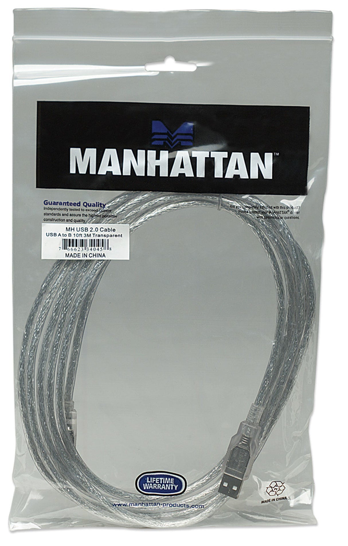 Manhattan USB-A to USB-B Cable, 3m, Male to Male, Translucent Silver, 480 Mbps (USB 2.0), Hi-Speed USB, Lifetime Warranty, Equivalent to USB2AA2M (except colour).
