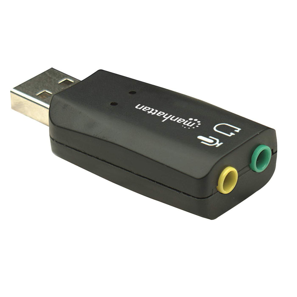 Manhattan USB-A Sound Adapter, USB-A to 3.5mm Mic-in and Audio-Out ports, 480 Mbps (USB 2.0), supports 3D and virtual 5.1 surround sound, Hi-Speed USB, Black, Three Year Warranty