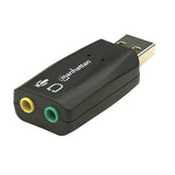 Manhattan USB-A Sound Adapter, USB-A to 3.5mm Mic-in and Audio-Out ports, 480 Mbps (USB 2.0), supports 3D and virtual 5.1 surround sound, Hi-Speed USB, Black, Three Year Warranty