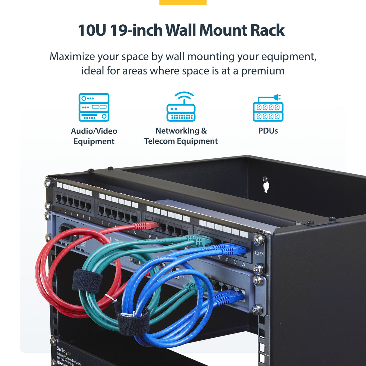 StarTech.com 10U Wall Mount Network Rack - 14" (35.5cm) Deep (Low Profile), 19" Patch Panel Bracket for Shallow Server, IT Equipment, Network Switches - 77lbs/35kg Weight Cap., Black