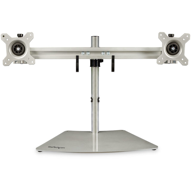 StarTech.com Dual Monitor Stand - Ergonomic Free Standing Dual Monitor Desktop Stand for two 24" (17.6lb/8kg) VESA Mount Displays - Synchronized Height Adjustable - Double Monitor Pole Mount - Silver