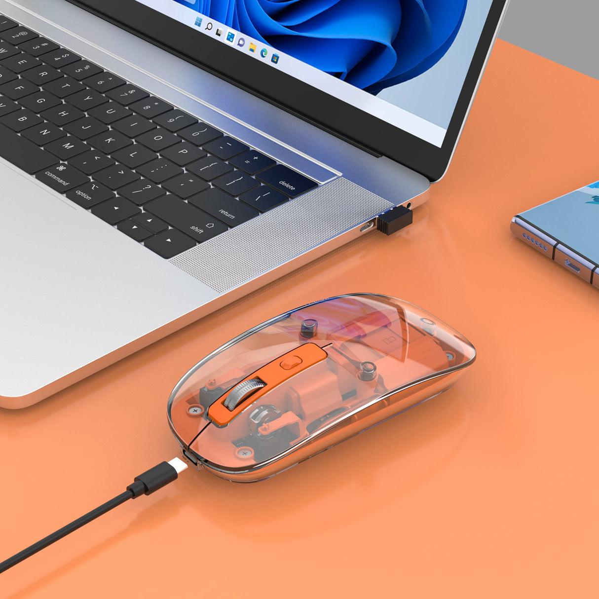 Manhattan Transparent Rechargeable Wireless Mouse, Clear/Orange, Adjustable 800/1200/1600dpi, With RGB LED light, 2.4Ghz (effective range up to 10m), USB, Optical, Ambidextrous, Four Button with Scroll Wheel, Slim Design, USB-A micro receiver...