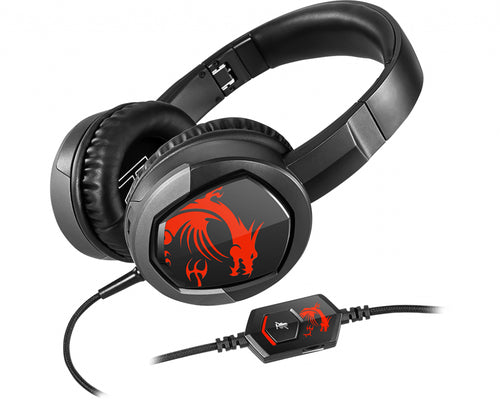 MSI IMMERSE GH30 Gaming Headset 'Black with Iconic Dragon Logo, Wired Inline Audio with splitter accessory, 40mm Drivers, detachable Mic, easy foldable design'
