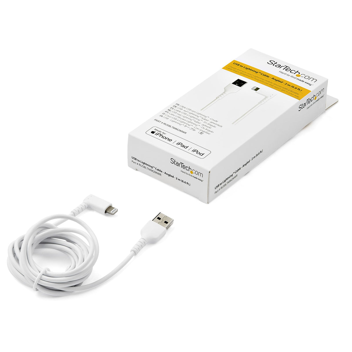 StarTech.com 6ft (2m) Durable USB A to Lightning Cable - White 90° Right Angled Heavy Duty Rugged Aramid Fiber USB Type A to Lightning Charging/Sync Cord - Apple MFi Certified - iPhone