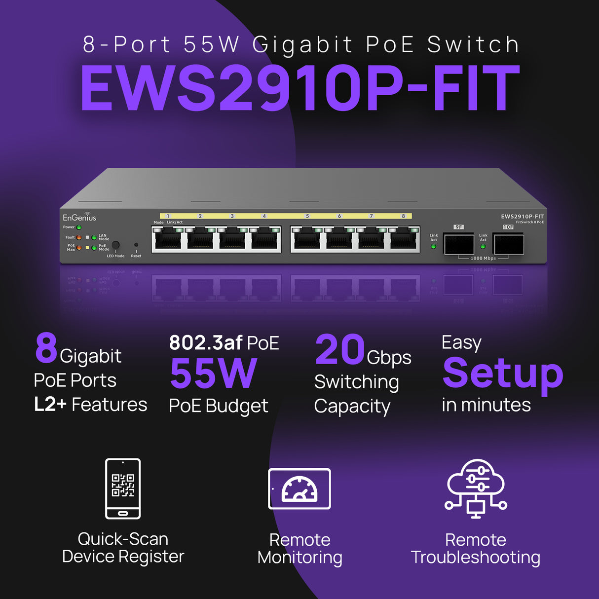 EnGenius Switch 8-port GbE PoE.af/at(+) 55W, 2xSFP Desktop wall-mountable