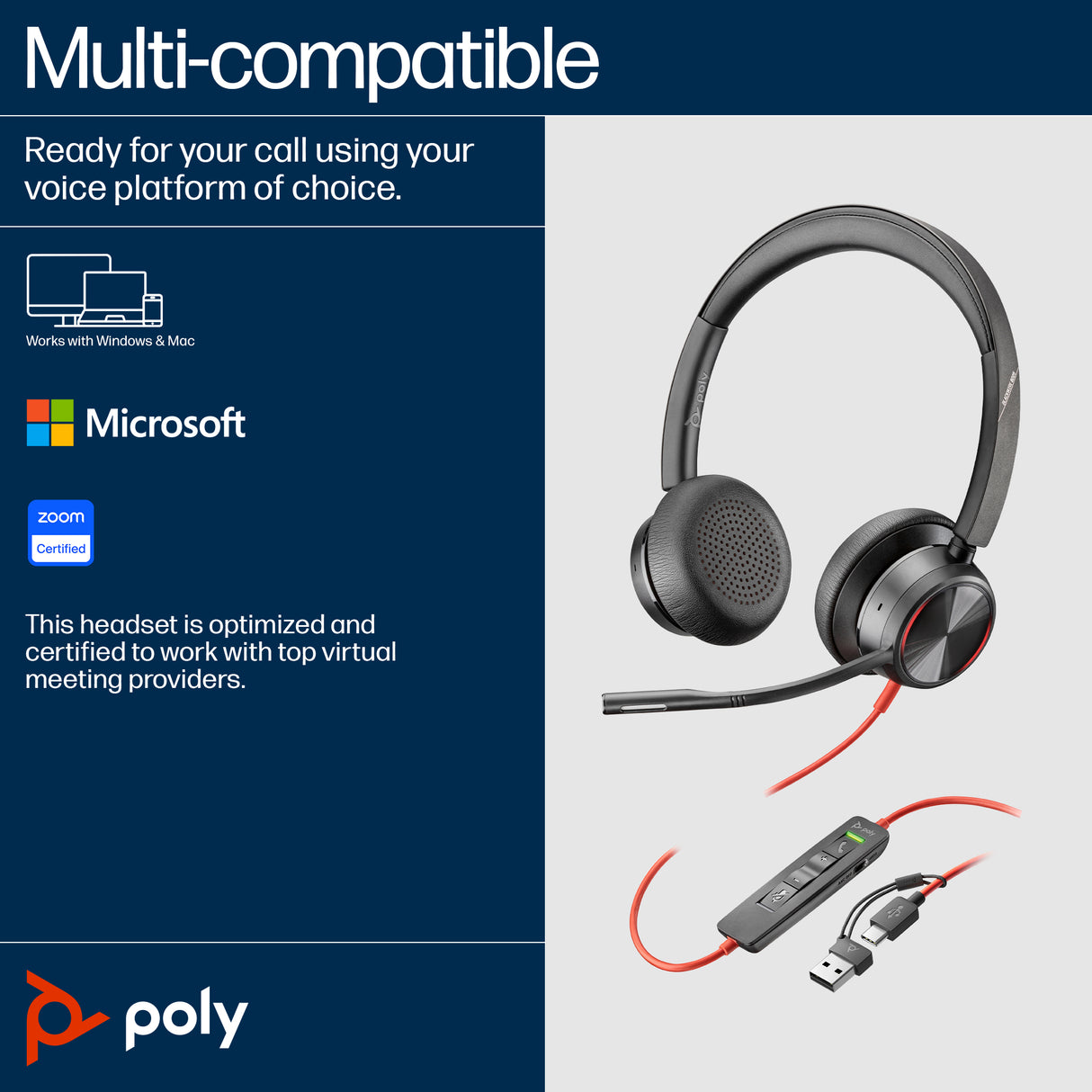 HP Poly Blackwire 8225 Stereo USB-C Headset +USB-C/A Adapter