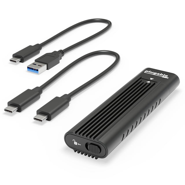 Plugable Technologies USB-C M.2 NVMe SSD Enclosure; Tool-Free & Driverless. USB 3 Type-C, including Thunderbolt and USB4, at 10Gbps. For M.2 NVMe SSDs 2230 to 2280 PCIe Gen 3 and 4. USB C and USB A cables included