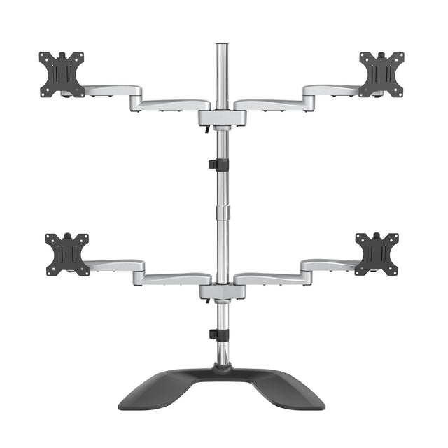 StarTech.com Desktop Quad Monitor Stand - Ergonomic VESA 4 Monitor Arm (2x2) up to 32" (17.6lb/8kg) - Free Standing Articulating Universal Pole Mount - Height Adjustable/Tilt/Swivel/Rotate - Silver