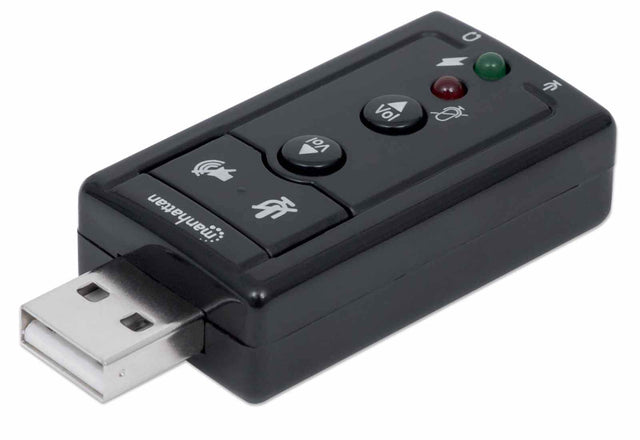 Manhattan USB-A Sound Adapter, USB-A to 3.5mm Mic-in and Audio-Out ports, 480 Mbps (USB 2.0), 7.1-Channel Virtual 3D Surround Sound, Internal Amplifier and Volume Controls, Hi-Speed USB, Three Year Warranty, Equivalent to ICUSBAUDIO7.