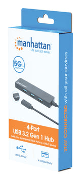 Manhattan USB-C Dock/Hub, Ports (4): USB-A (x4), 5 Gbps (USB 3.2 Gen1 aka USB 3.0), USB powered (no external power supply required), Equivalent to HB30CM4AB