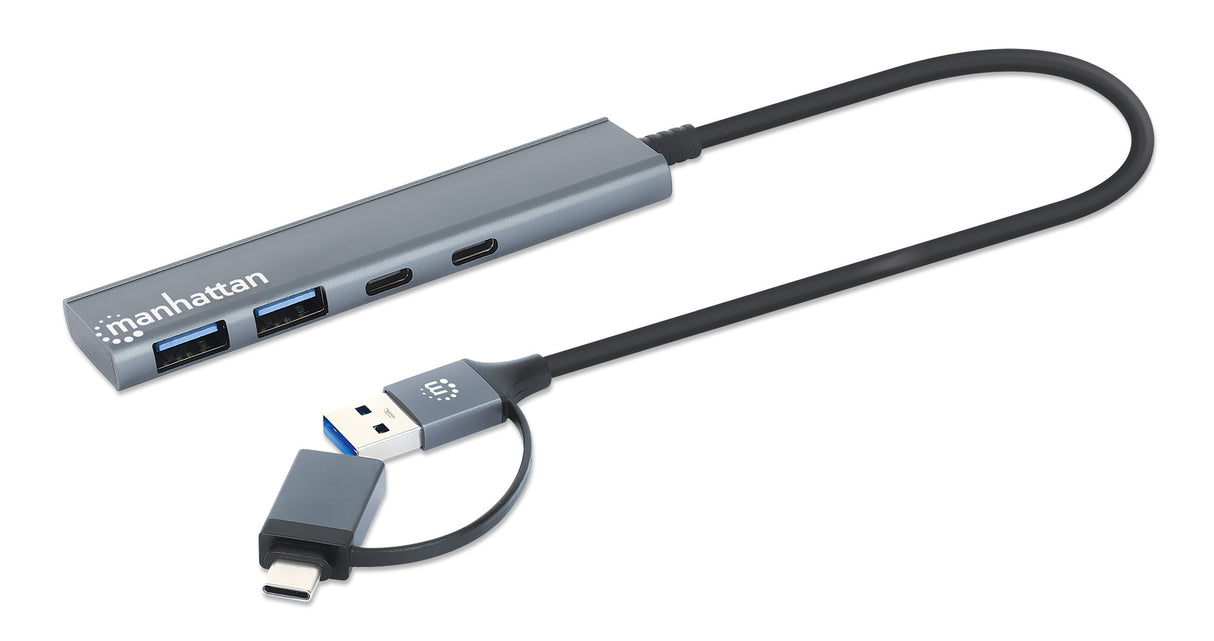 Manhattan USB-C & USB-A Combo Dock/Hub, Ports (4): USB-A (x2) and USB-C (x2), 5 Gbps (USB 3.2 Gen1 aka USB 3.0), USB powered (no external power supply required), Aluminium