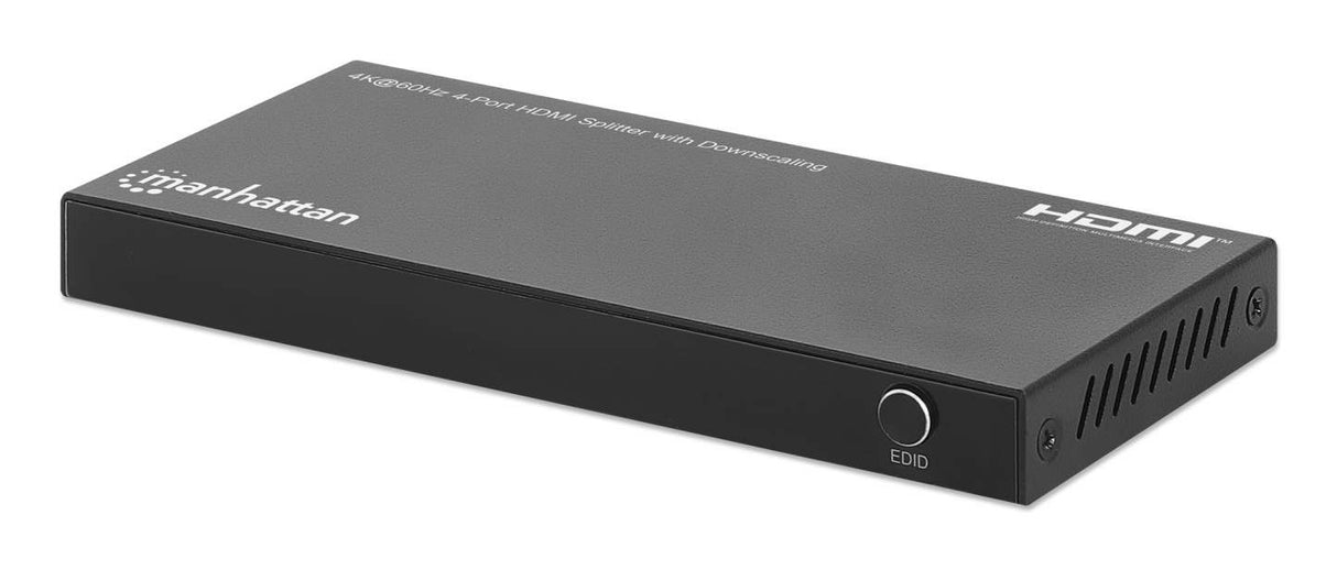 Manhattan HDMI Splitter with downscaling 4-Port , 4K@60Hz, Displays output from x1 HDMI source to x4 HD displays (same output to four displays), Downscale button to adjust a 4K input signal into 1080p, Micro-USB to USB-A power cable included (cable...