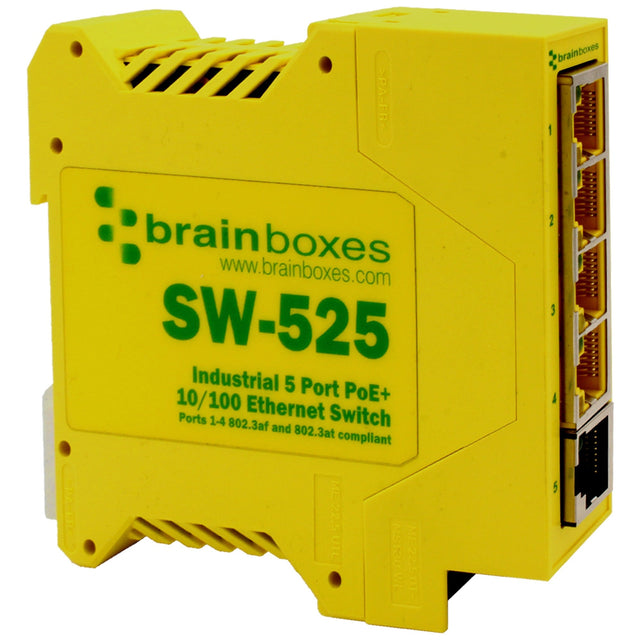 Brainboxes SW-525 network switch Unmanaged Fast Ethernet (10/100) Power over Ethernet (PoE) DIN rail Yellow