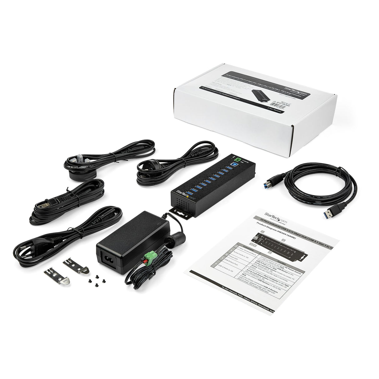 StarTech.com 10-Port USB 3.0 Hub with Power Adapter - Metal Industrial USB-A Hub with ESD & 350W Surge Protection - Din/Wall/Desk Mountable - High Speed USB 3.2 Gen 1 (5Gbps) Hub - TAA