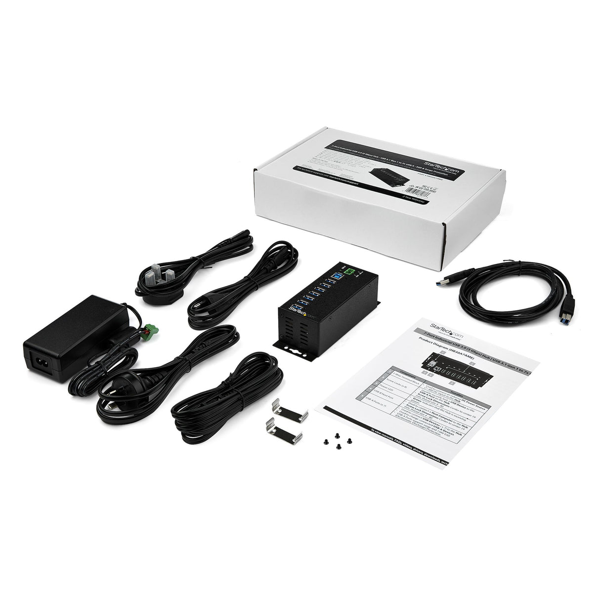StarTech.com 7-Port USB 3.0 Hub with Power Adapter - Metal Industrial USB-A Hub with ESD & 350W Surge Protection - Din/Wall/Desk Mountable - High Speed USB 3.2 Gen 1 (5Gbps) Hub - TAA