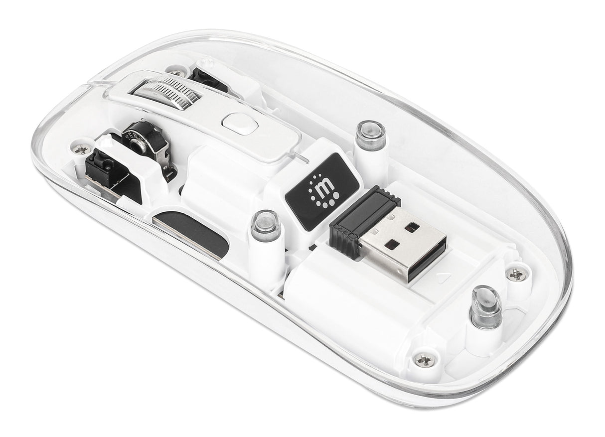 Manhattan Transparent Rechargeable Wireless Mouse, Clear/White, Adjustable 800/1200/1600dpi, With RGB LED light, 2.4Ghz (effective range up to 10m), USB, Optical, Ambidextrous, Four Button with Scroll Wheel, Slim Design, USB-A micro receiver...