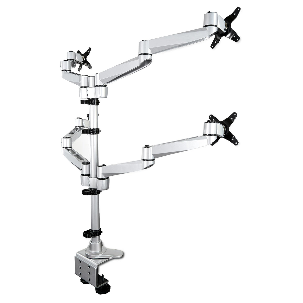 StarTech.com Desk Mount Quad Monitor Arm – Premium Articulating VESA 4 Monitor Mount 2x2 up to 30" (24.8lb/11.3kg) – Ergonomic Height Adjustable Pole Mount - Tilt/Swivel/Rotate - C-Clamp/Grommet - Silver - TAA