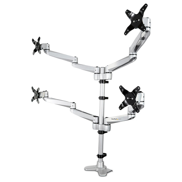 StarTech.com Desk Mount Quad Monitor Arm – Premium Articulating VESA 4 Monitor Mount 2x2 up to 30" (24.8lb/11.3kg) – Ergonomic Height Adjustable Pole Mount - Tilt/Swivel/Rotate - C-Clamp/Grommet - Silver - TAA