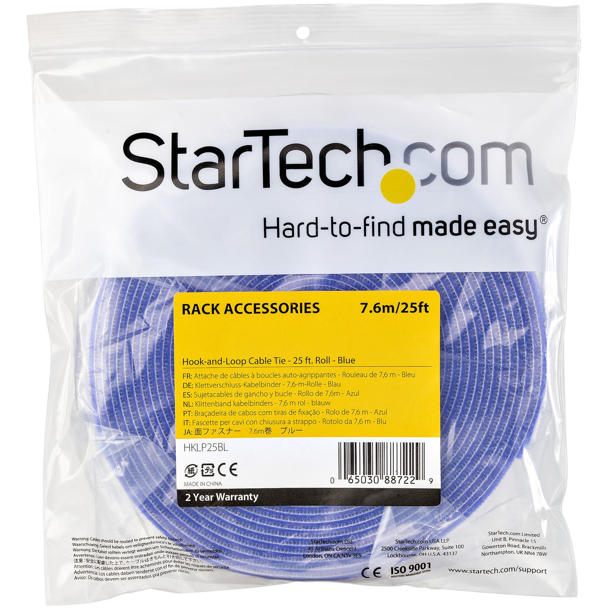 StarTech.com 25ft (7.6m) Hook and Loop Roll, Blue, Cut-to-Size Reusable Cable Ties, Bulk Industrial Wire Fastener Tape, Adjustable Fabric Wraps, Reusable Self Gripping Cable Management Straps
