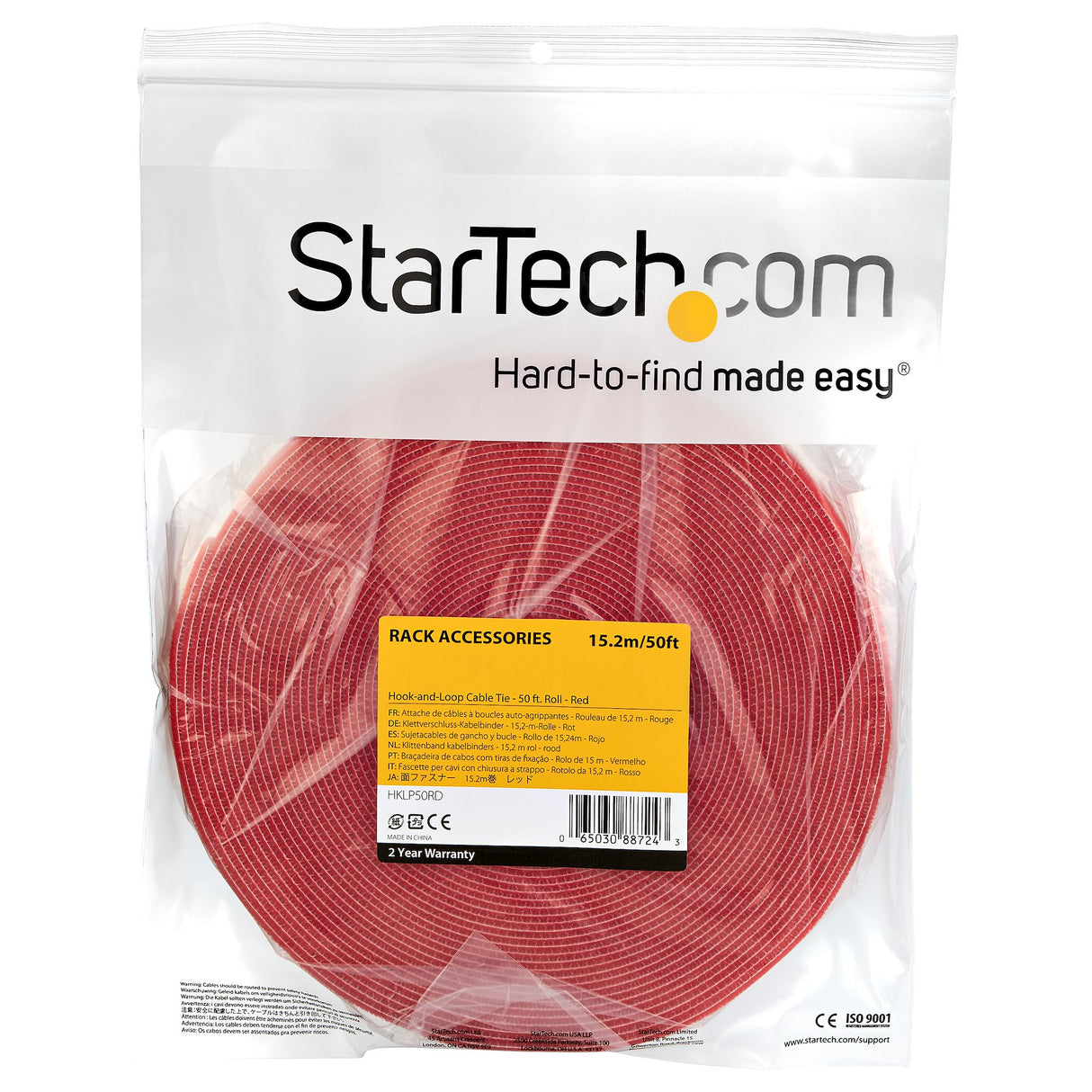 StarTech.com 50ft (15.2m) Hook and Loop Roll, Red, Cut-to-Size Reusable Cable Ties, Bulk Industrial Wire Fastener Tape, Adjustable Fabric Wraps, Reusable Self Gripping Cable Management Straps
