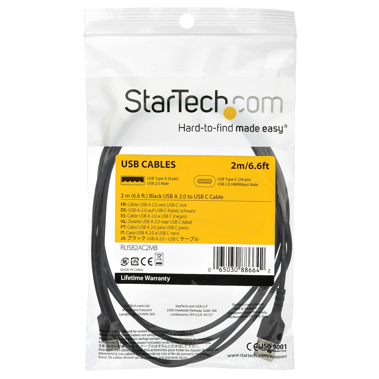 StarTech.com 6.6ft (2m) USB-A to USB-C Fast Charging Cable, Rugged, Charge & Sync, 3A, USB 2.0, Black TPE Jacket and Aramid Fiber - USB Charging Cord
