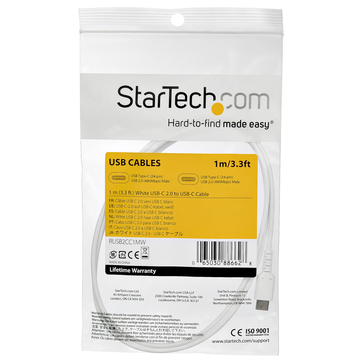 StarTech.com 3ft (1m) USB-C Fast Charging Cable, Rugged, Charge & Sync, 60W (3A) PD, USB 2.0, White TPE Jacket and Aramid Fiber - USB C Charging Cord
