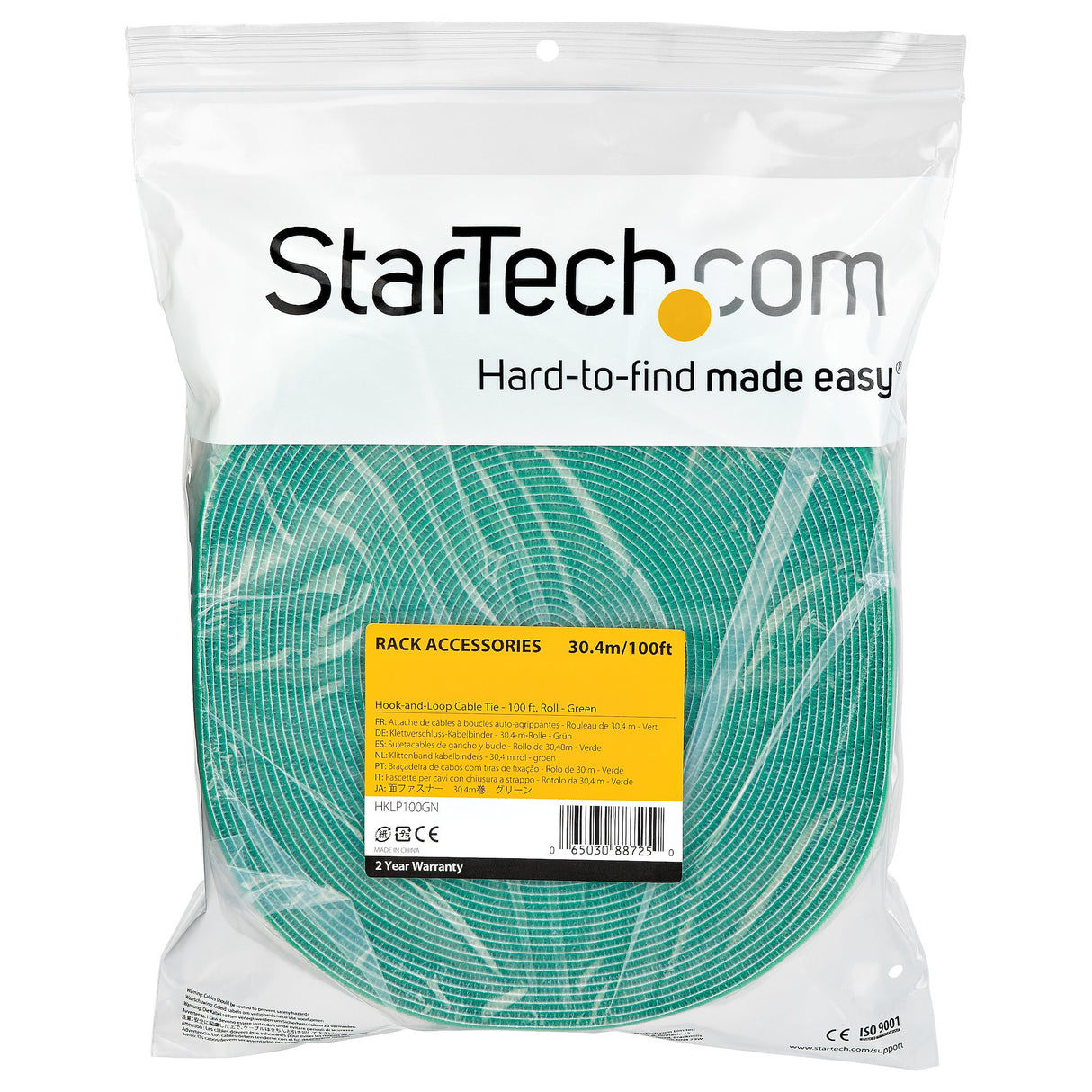 StarTech.com 100ft (30.5m) Hook and Loop Roll, Green, Cut-to-Size Reusable Cable Ties, Bulk Industrial Wire Fastener Tape, Adjustable Fabric Wraps, Reusable Self Gripping Cable Management Straps