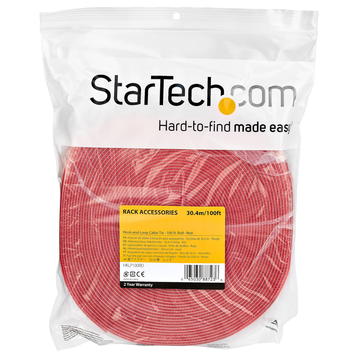 StarTech.com 100ft (30.5m) Hook and Loop Roll, Red, Cut-to-Size Reusable Cable Ties, Bulk Industrial Wire Fastener Tape, Adjustable Fabric Wraps, Reusable Self Gripping Cable Management Straps